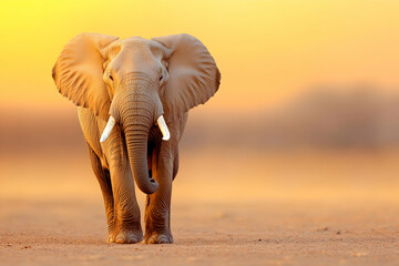 Majestic African elephant walking towards the camera in a golden sunset landscape