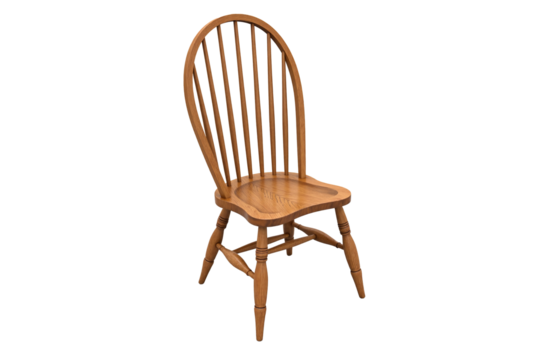 Elegant light brown wooden Windsor-style dining chair featuring a characteristic spindle backrest and shapely turned legs, isolated on a transparent background