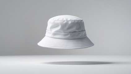 Fototapeta premium A plain white bucket hat floats against a soft grey background, casting a subtle shadow.