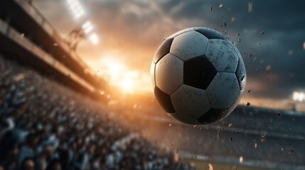 Fototapeta premium Soccer Ball in Stadium at Sunset