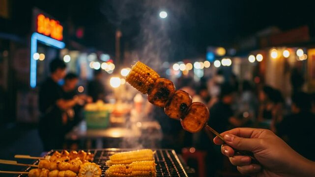 夜市 焼きトウモロコシ 甘い香り 賑やか雰囲気