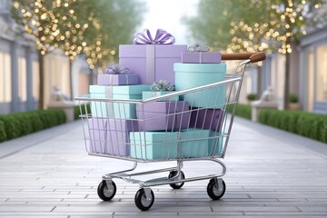 A cart with gift-wrapped boxes during a holiday shopping trip