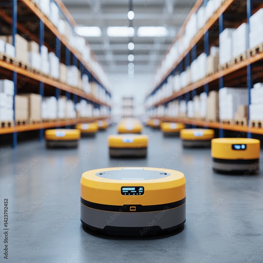 Poster a modern warehouse filled with robotic assistants efficiently navigating aisles to streamline invent