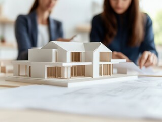 A detailed architectural model is showcased on a table, with two professionals discussing plans in the background, highlighting a collaborative design process.