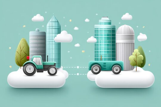 A flat graphic of two icons: tractor and skyscraper separated by dashed path