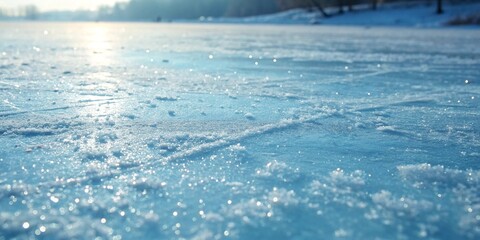 Winter Wonderland: Frozen Lake with Sparkling Snow and Distant Trees