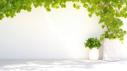 Obraz premium Green vines hang over potted plants against a sunlit white wall with dappled shadows.