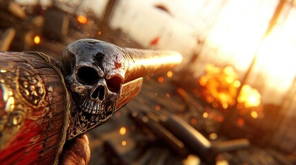 A pirate duel happening on the deck of a ship with cannon fire in the background.