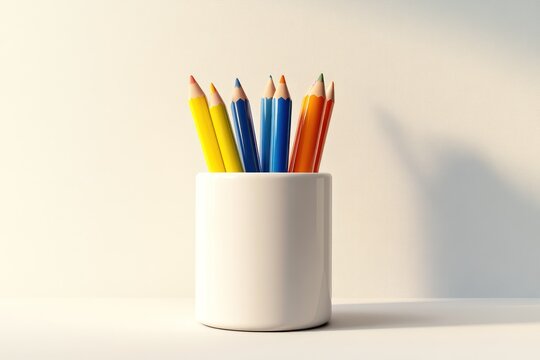 Colorful Pencils in a White Cup A Minimalist and Creative Setup for Artistic Inspiration - Powered by Adobe