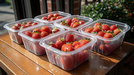 Fresh strawberries displayed in clear containers on a wooden table with a sunny outdoor background