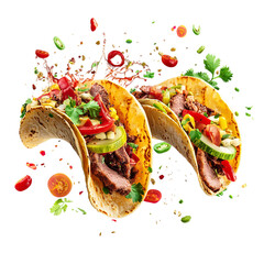 Delicious beef tacos with fresh vegetables and spices mexican food photography and recipe idea on transparent background