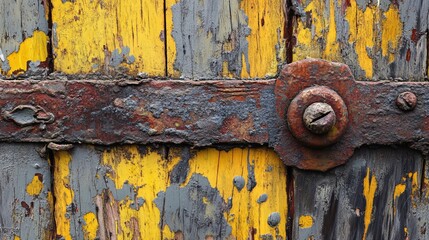 Rusty hinge on weathered yellow painted wood door detail