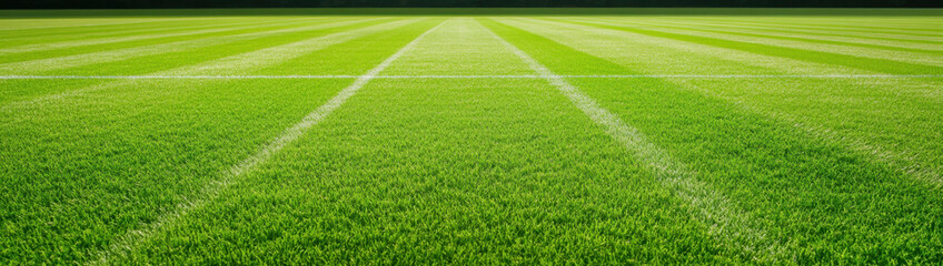 Lush green grass field with perfectly manicured stripes, showcasing vibrant colors and well maintained surface ideal for sports or recreational activities
