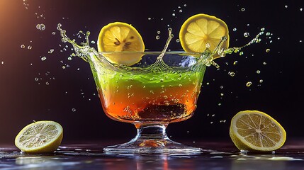 Colorful cocktail splash with citrus slices in a glass, captured mid-air for energetic beverage marketing visuals.