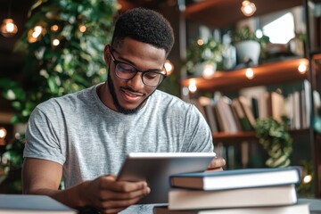 Obraz premium College student engaged in online education reviewing lecture material in a cozy study environment with a focus on learning and growth