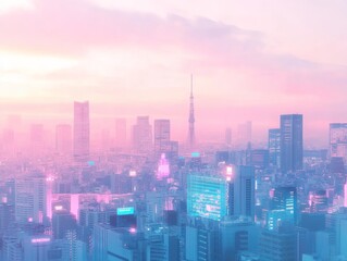 Fototapeta premium Pastel-Hued Tokyo Skyline Artwork: Futuristic Innovation with Holographic Displays and Neon Lights