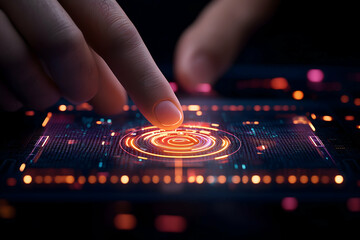 Fingertip activates glowing digital interface