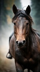 Obraz premium Majestic horse galloping through the misty forest in the early morning light capturing the essence of freedom and beauty