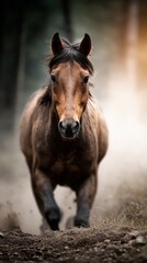 Obraz premium Brown horse galloping through forest under soft lighting at golden hour near dusk
