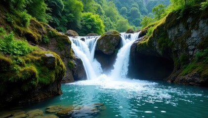 Fototapeta premium Crystal clear water plunges over mossy mountainside , scenic, untouched