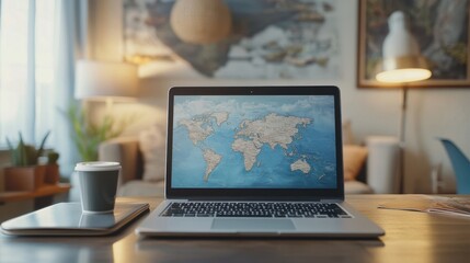 laptop on table with screen of Online travel insurance agency providing travel trip
