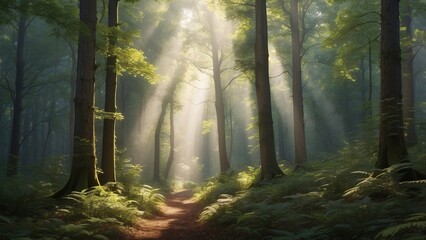 Sunbeams Filtering Through Tall Forest Trees