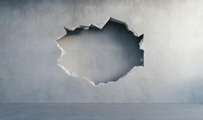 high resolution image of grey concrete wall featuring large, irregular hole. texture of concrete is visible, showcasing rough and unfinished look, evoking sense of rawness and industrial style