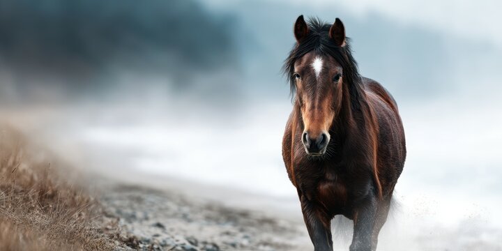 Horse walks along a misty shoreline at dawn, creating a serene and tranquil atmosphere