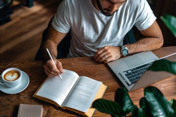 Man engaged in online education reading ebooks for course completion cozy workspace coffee shop environment focused viewpoint learning concept