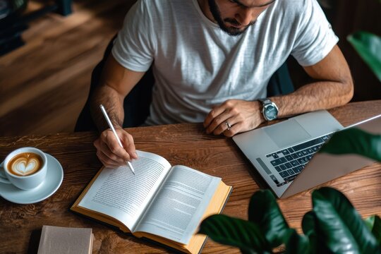 Man engaged in online education reading ebooks for course completion cozy workspace coffee shop environment focused viewpoint learning concept