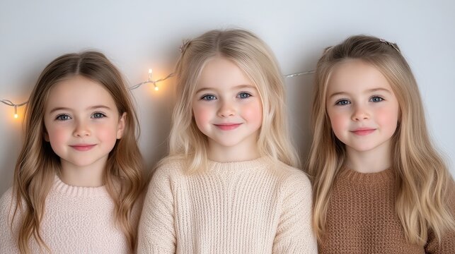 Charming portrait of three young sisters in cozy sweaters smiling sweetly against a white background.