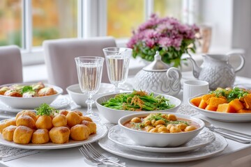 A table set with multiple vegan dishes, family sharing a meal