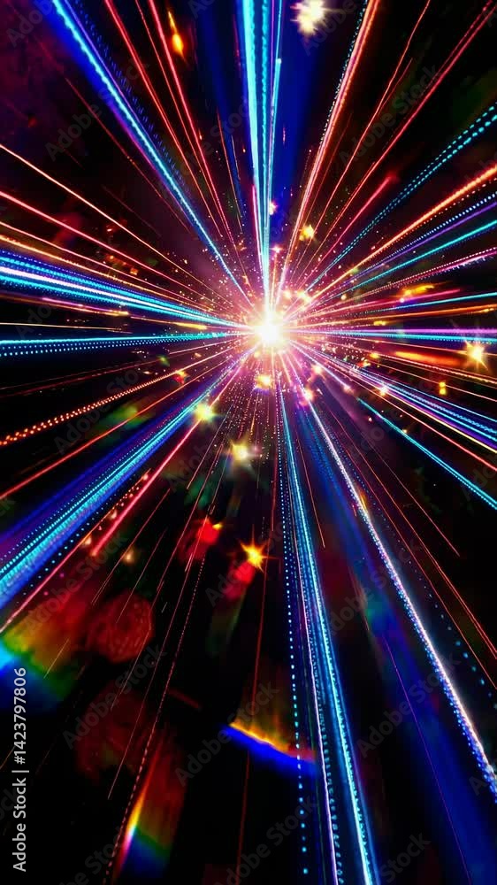 Poster dynamic burst of colorful light trails converging at a central point, captured from a low-angle pers