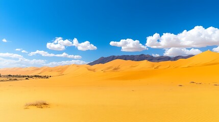 A vast golden desert with rolling sand dunes under a bright blue firmament