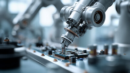 Fototapeta premium Precision robot assembling circuit board in factory