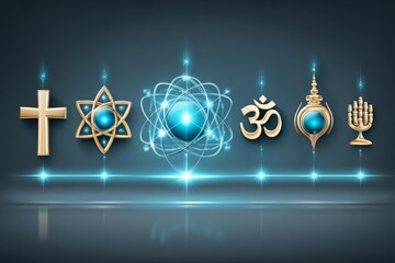 All religions symbols connected by a radiant cosmic web
