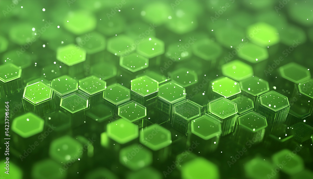 Poster abstract green honeycomb pattern with glowing hexagons and particles