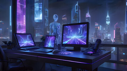 Fototapeta premium Futuristic Tech Office with AI Robot and Neon Cityscape