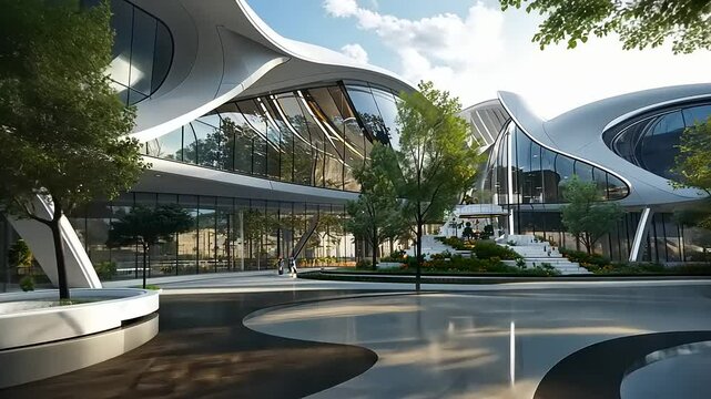 Modern architectural marvel with flowing design, lush greenery, and serene water features