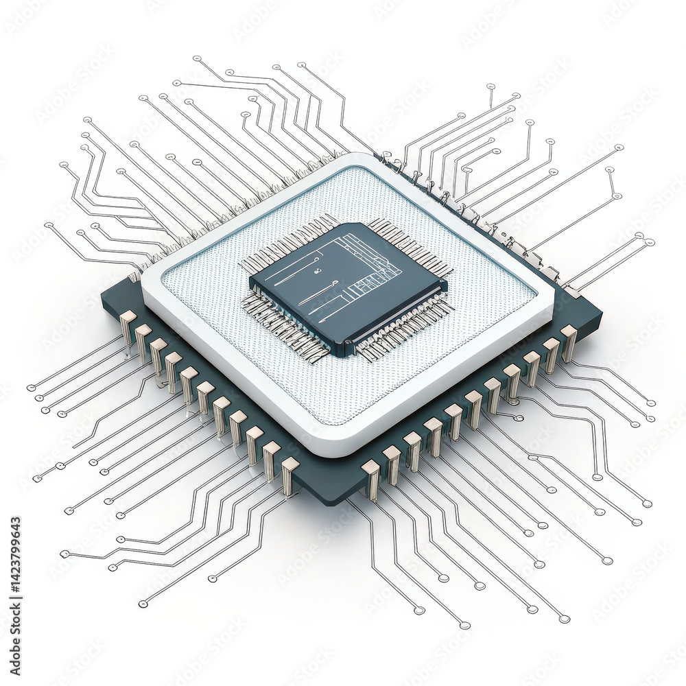 Fototapete detailed illustration of cpu processor chip with clean tech lines extending outward, symbolizing con