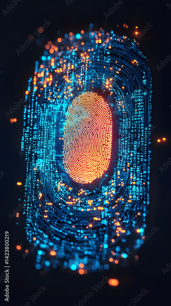 Poster futuristic tech, biometric authentication with fingerprint scan. digital identity, cybersecurity, da