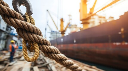 Obraz premium Close-up of safety rope and carabiner on a construction site under natural daylight, with a docked ship and blurred worker in background, emphasizing industrial protection and marine engineering.
