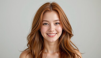 Young ginger woman with wavy hair smiling and looking at camera natural beauty concept editorial portrait commercial use modern aesthetic