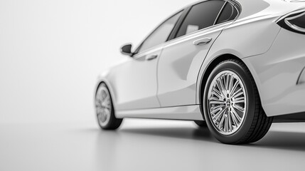 A luxury sedan with a smooth, elegant profile is displayed against a clean, white backdrop. The focus highlights the intricate wheel design and polished finish, emphasizing craftsmanship