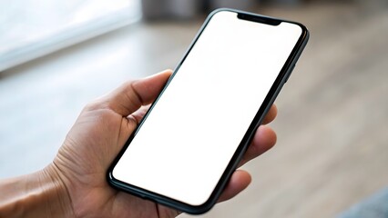 Hand holding smartphone with blank screen closeup