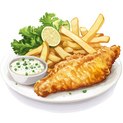 Delicious fish and chips plate with tartar sauce and lime for restaurant menu promotion and food blog post on transparent background