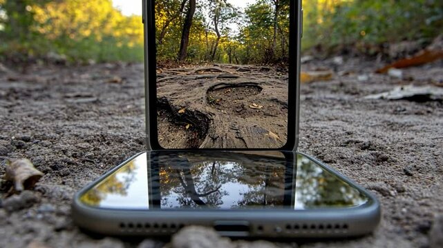 Reflection of Nature on Smartphone in Forest Trail Surrounded by Sunlit Trees and Natural Beauty