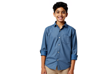 Friendly young boy with dark hair wearing a smart blue long-sleeve button-down shirt, sleeves neatly rolled up, offering a gentle smile to the camera, waist-up portrait