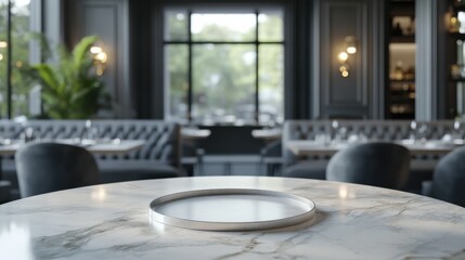 Fototapeta premium Minimalist restaurant interior with an empty round tray on a marble table, elegant decor, no people