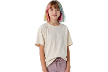 Young girl with unique shoulder-length hair featuring soft pastel pink and blue dyed streaks, wearing a simple plain cream-colored t-shirt and looking calmly forward, portrait